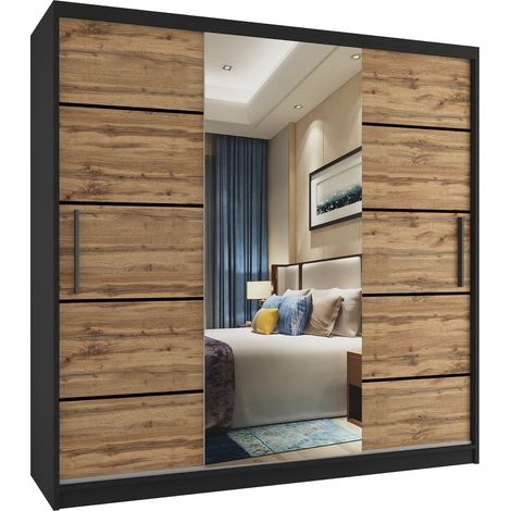 BELINI Grande Armoire 3 Portes Coulissantes VERONA MT 200 cm - Miroir Intégré & 4 Tiroirs - Chambre Adulte - Noir / Brun Doré (1/5)
