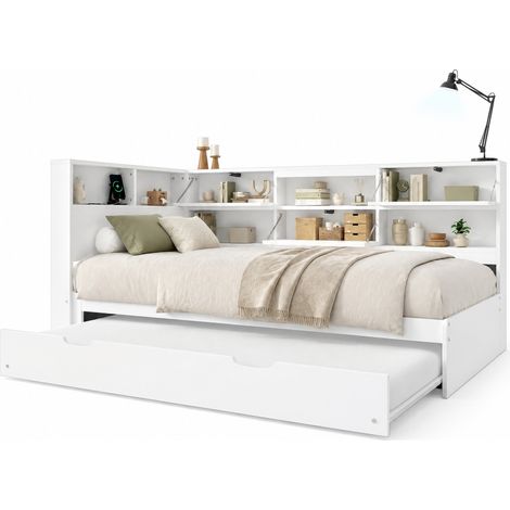 Divano letto estraibile 90x200 cm con testiera portaoggetti, letto ospiti con USB e Type-C, bianco, struttura in legno di pino e MDF – CHICFURN (1/5)