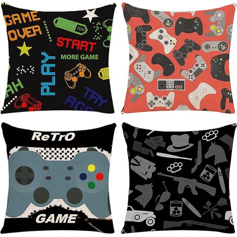 Set mit 4 Kissenbezügen im Videospiel-Design (45 x 45 cm, 4 verschiedene Motive) – Sofakissenbezüge, dekorative quadratische Kissenbezüge für Videospielabende (1/5)