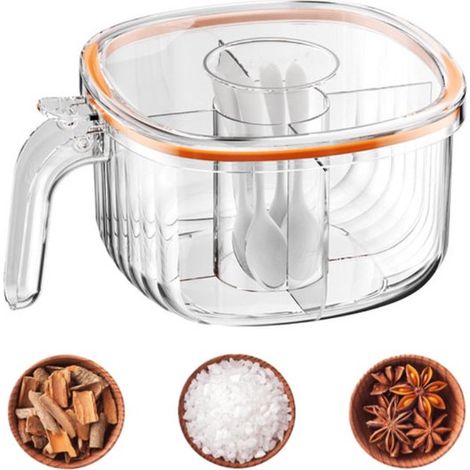 Pot à épices transparent à 4 compartiments avec 4 cuillères, récipient divisé pour herbes et épices, rangement pour placard, garde-manger ou réfrigérateur (1/5)