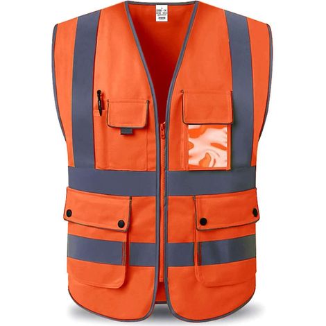 Gilets de sécurité réfléchissants haute visibilité de classe 2 avec 8 poches et fermeture éclair sur le devant (1/4)