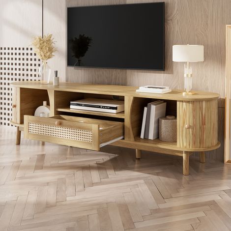 Meuble TV en rotin avec portes et tiroirs, rangement style campagne, façade basse, bois massif, armoire multimédia pratique. (1/5)