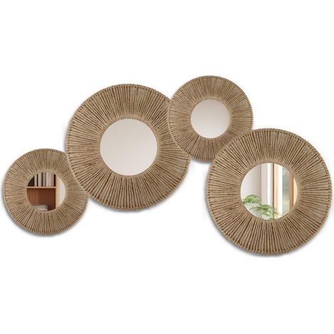 Lot de 4 paniers de décoration murale en corde de chanvre tissée à la main – Décoration murale tissée à la main avec miroir rond en acrylique, décoration d'intérieur rétro et polyvalente pour chambre (1/5)