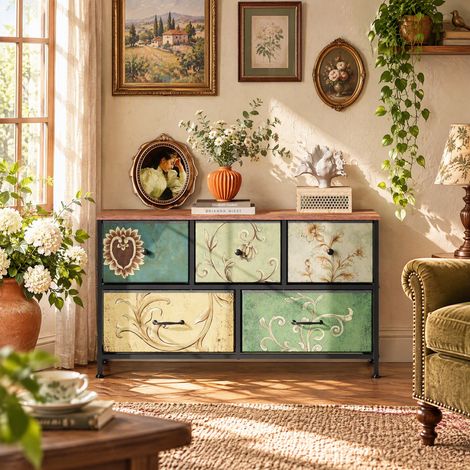 Superaly Commode 100 cm à 5 tiroirs, Meuble de rangement style bohème vintage, Structure en métal et plateau en bois, Multicouleur, Pour salon et chambre (1/5)