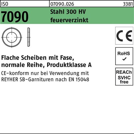 ISO 7090 Scheibe Stahl CE 10mm (10,5x20x2 ) feuerverzinkt mit Fase Ohne Formfangabe 100 Stk