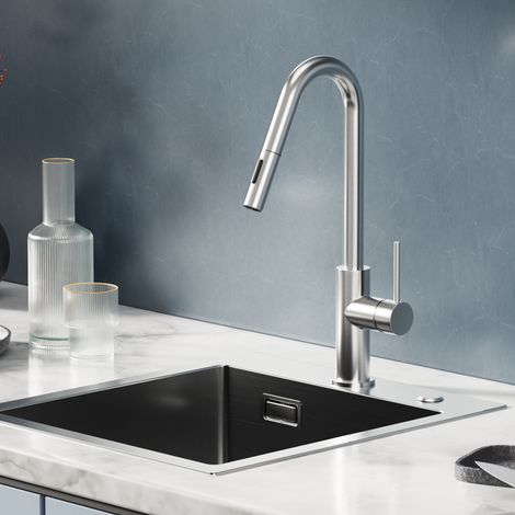 CECIPA MAX Robinet de cuisine à deux jets, mitigeur extractible, robinet d'évier pivotant à 360°Mitigeur de cuisine, finition brossée (1/5)