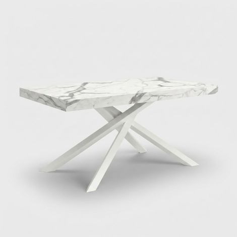 Table extensible moderne pieds blancs 10 places 140/220x90 Singapore - Effet marbre blanc