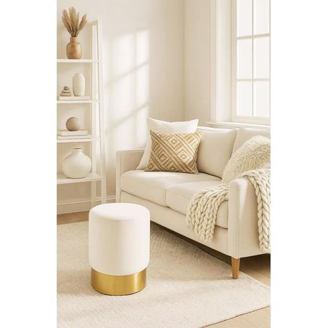 Round pouf covered in white velvet, 42x28x28cm, high-density foam, supports 120kg, living room and bedroom - orion91official® - Unidad (1/5)