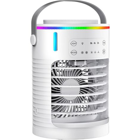 Ventilateur climatiseur portable - Mini climatiseur rechargeable (refroidisseur par évaporation) à 3 vitesses, éclairage LED 7 couleurs, minuterie (2 (1/5)