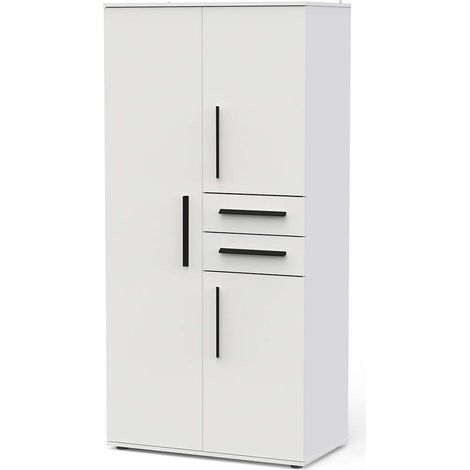 Pegane – Armoire de rangement 3 portes 2 tiroirs en mélamine blanche – Dimensions 90,4 x 50 x 188 cm – Design moderne avec poignées verticales noires (1/5)
