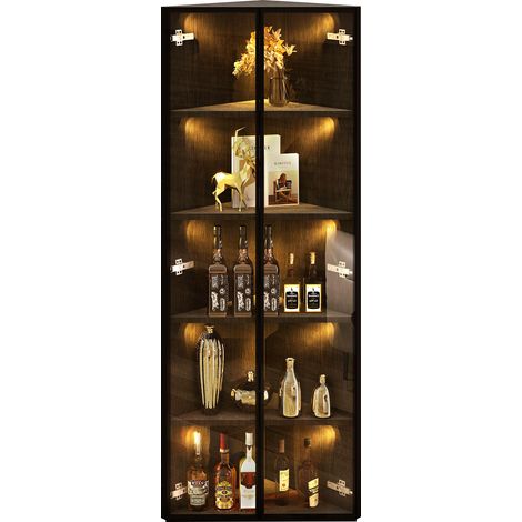 Vitrine LED 62×35×160 cm noire en verre trempé antipoussière. Éclairage intégré,modèle d’angle pour bibliothèque,vin et salle de bain. (1/5)