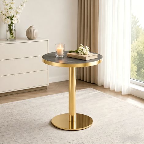 Table d’appoint ronde 60x60x74 cm gris et or, plateau effet marbre, MDF et acier inoxydable MEUBLIV (1/5)