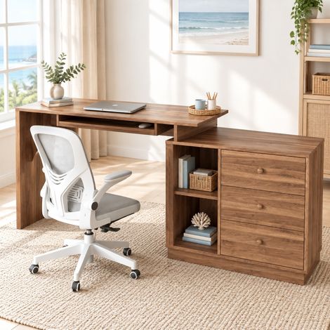 Ausziehbarer Multifunktions-Computerschreibtisch aus MDF in Nussbaumoptik mit 3 Schubladen (1/5)