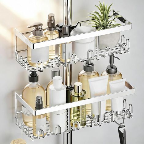 2 Paniers Étagères de douche sans perçage pour barres RONDES de 18 à 25 mm Ne convient pas aux barres carrées/rectangulaires, Argent (1/5)