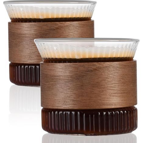 Set aus 2 Espressotassen mit Holzring, 122 ml (4,3 oz) Espressotasse aus Borosilikatglas, klare Espressotasse, Espressozubehör (1/5)