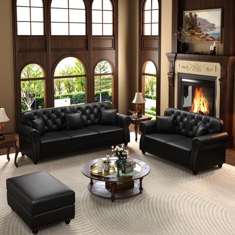 Confort Haut de Gamme Ensemble Canapé Chesterfield 5 Places et Pouf Ressorts Ensachés Capitonné Noir pour Salon (1/5)