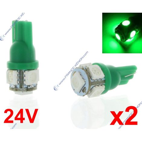 2 x T10 W5W 24V - 5 LEDS SMD VERT - Ampoule de signalisation camion 24 Volts - Feux de gabarit (1/2)