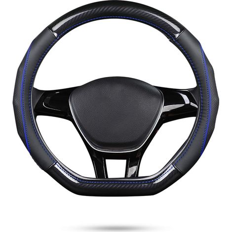 D-förmiger Autolenkradbezug aus Kohlefaser und erstklassigem Rindsleder mit Anti-Rutsch-Beschichtung für Lenkräder mit 38 cm (15") Durchmesser (D-Schwarz-Blau)