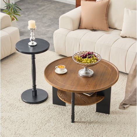Set de tables basses rondes 80x80x67 cm noyer et noir en MDF avec rangement et bords arrondis (1/5)