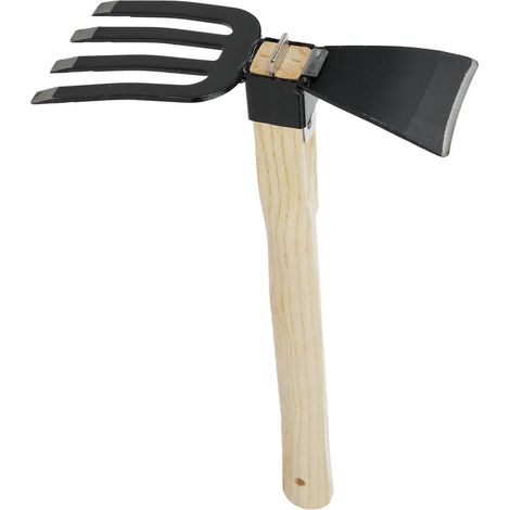 Houe à double usage avec manche court en bois, outil de jardin portatif 2 en 1 râteau et houe, idéal pour ameublir ou désherber le sol. (1/2)