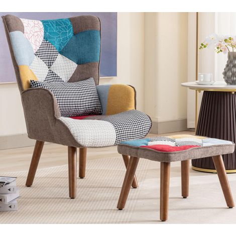 Fauteuil avec repose-pieds - à motif de patchwork coloré - Multicolore (1/4)