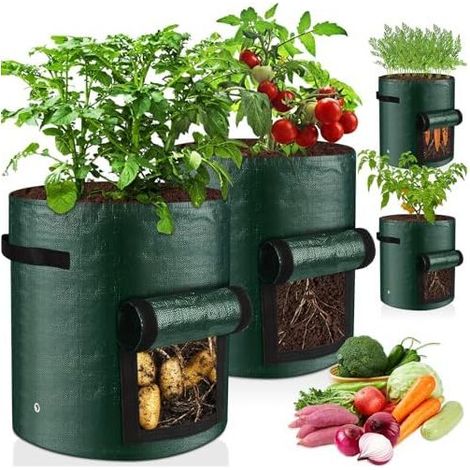 4-teiliges Kartoffelpflanzsäcke-Set mit Sichtfenster und Griffen, 10-Gallonen-Pflanzsäcke, atmungsaktiv, wiederverwendbare Gemüsebehälter für Obst, Blumen, Tomaten, Karotten, Erdbeeren - (1/5)