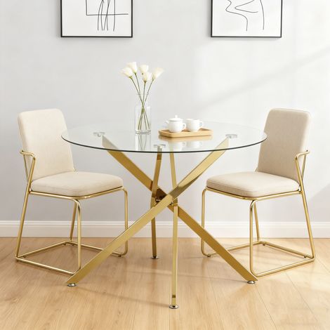 Runder Esstisch Glas und Metall Gold 80x80x76 cm, für 2–4 Personen