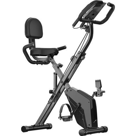 Vélo d'appartement pliant, Roue d'inertie de 2,5 kg, 16 niveaux de résistance réglable, Écran LCD, Selle réglable, avec dossier et cordon de serrage, Max 150kg, Noir (1/5)