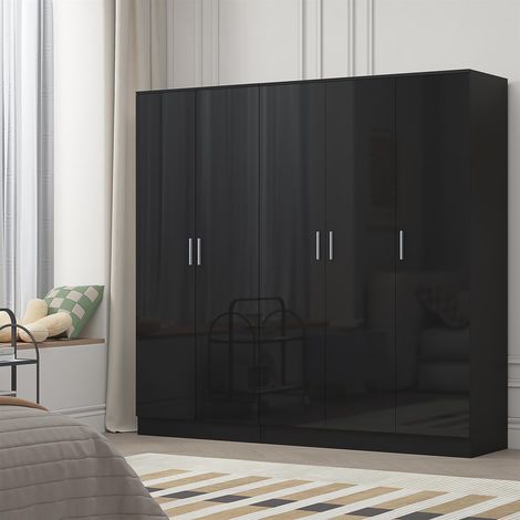 Reflect 2pc Wardrobe Bundle - 3 Door Plain + 2 Door Plain - Black Gloss & Black Oak