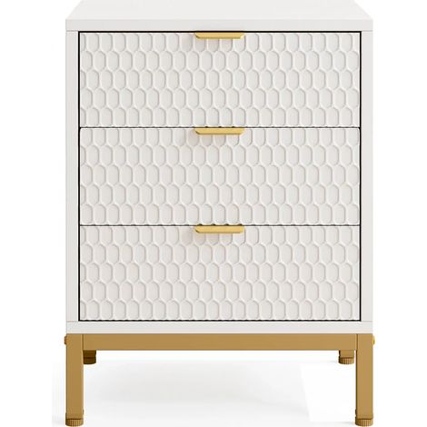 Table de nuit moderne avec 3 tiroirs, surface blanche texturée et pieds métal doré (1/5)