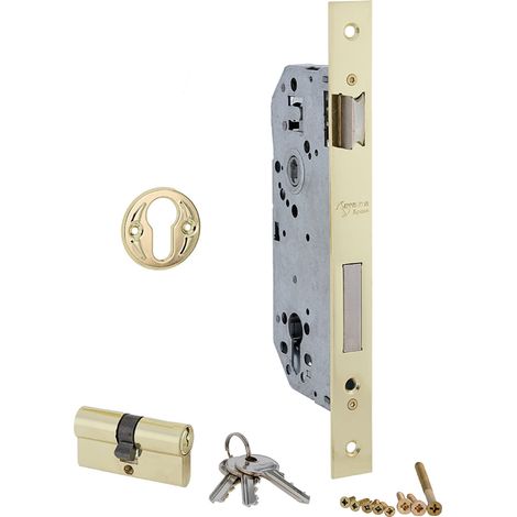 Cerradura embutir 50mm bombín europeo frente canto recto 85mm latón dorado brillo (1/3)
