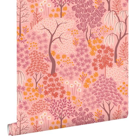 papier peint des arbres et des fleurs rose, violet et orange - ESTAhome (1/5)