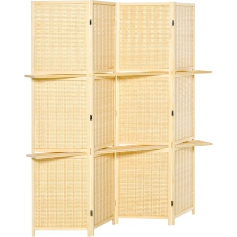 Biombo divisor plegable de bambú con 2 estantes y patas, natural (1/5)