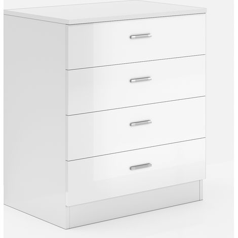 ELEGANT Modern High Gloss 4 spacious Drawer Chest with Metal Handles for Bedroom or Home Storage Organizer White