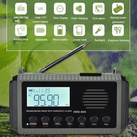 Radio multifonctionnelle à manivelle et alimentation solaire, météo, lampe de secours, AM, FM, SW, idéale pour la survie en extérieur, batterie 10 000 mAh