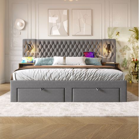 DESVIAE Lit double rembourré 160 x 200 cm avec 2 tables de chevet 4 tiroirs éclairage de lecture USB Type C gris velours (1/5)