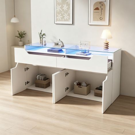 Meuble de rangement blanc 2 tiroirs, buffet en verre trempé 140x40x70 cm, commode MDF pour séjour et salle à manger, charge max 30 kg. (1/5)