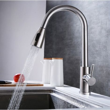 Cross-border trade stainless steel pull-out kitchen faucet, hot and cold water universal telescopic faucet for vegetable sinks and dishwashers -- brushed pull-out