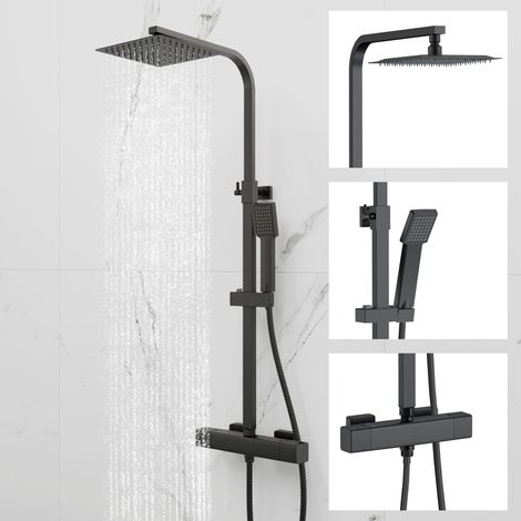 SKY Bathroom Thermostatic Mixer Shower Set Black Large Square Bar Exposed Valve Twin Head (1/5)
