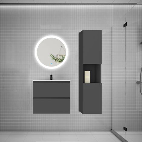 AICA Ensemble meuble vasque L.60cm 2 tiroirs + lavabo + LED miroir rond 60cm + colonne,anthracite，design