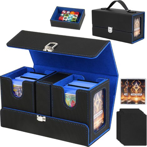 Deck Box MTG/TCG 3-en-1 – Boîte de Rangement Cartes 200+ Double Sleeves, 2 Deck Box avec Plateau à Dés et Fenêtre Commandant, Porte Cartes à Collectionner en Cuir PU Magnétique, noir et bleu (1/5)