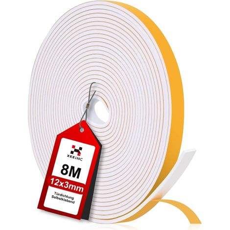 12mm(W) x 3mm(D) Self-Adhesive Door Weather Strip, Foam Door Weather Strip, Window Strip, Cold Weather Strip, Anti-Collision Soundproofing, Dustproof, White, 8M (1/5)