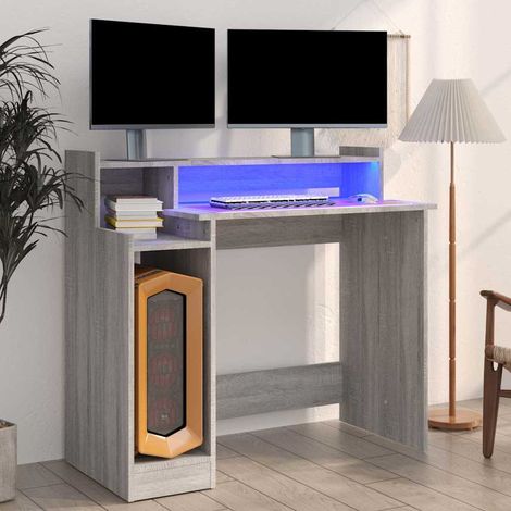 vidaXL Desk with LED Lights Grey Sonoma 97x45x90 cm Engineered Wood (1/5)