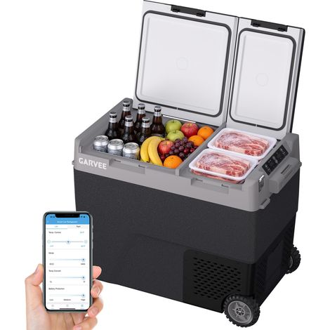 Glacière électrique voiture à compresseur double zone 58 L, frigo congélateur portable 12/24 V/230 V, pour camion/caravane/camping-car, avec roulettes, B58A DE For the German market only (1/5)