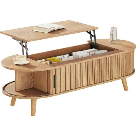 Table basse relevable 120x50cm, table de salon avec rangement caché et portes latérales, couleur bois original pour salon moderne. (1/5)