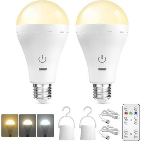 Ampoule rechargeable avec télécommande, ampoule à intensité variable 3 couleurs, culot E27, USB, fonctionne sur piles, ampoule de secours, lot de 2 (1/3)