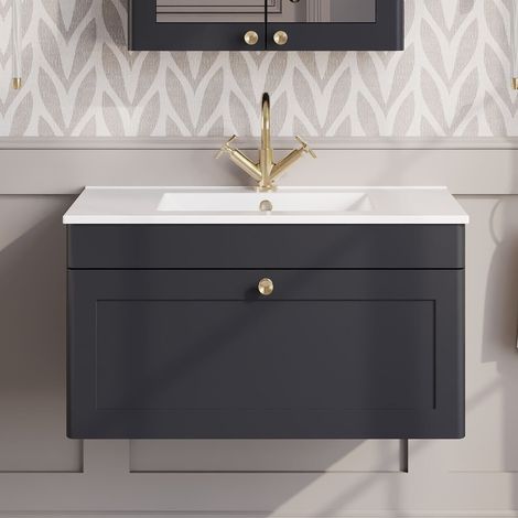 Nuie Classique Wall Hung 1-Drawer Vanity Unit with 1TH Minimalist Basin 800mm Wide - Satin Anthracite