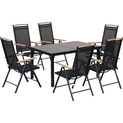 Ensemble de jardin pliant pour 6 personnes, 1 table + 6 chaises, mobilier de jardin, assise, structure en aluminium, noir (1/5)