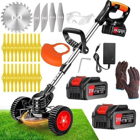 Cordless Electric Brush Cutter, 2 x 21V Batteries and Charger with Telescopic Handle, Adjustable Removable Wheels, Light and Low Noise for Garden Cutting, Lawns and Shrubs (1/5)