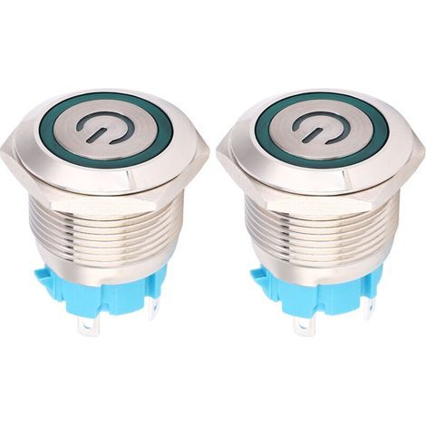 Lot de 2 interrupteurs à bouton-poussoir 12-24 V CC, ronds, 4 broches, 19 mm, à réarmement automatique, avec témoin lumineux d'alimentation (vert). (1/5)